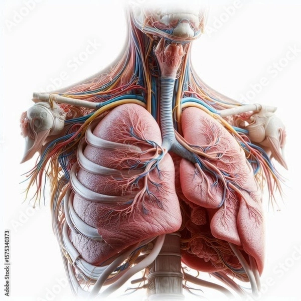 Fototapeta 3D rendered medical model of the human respiratory system showing detailed inner structure of lungs