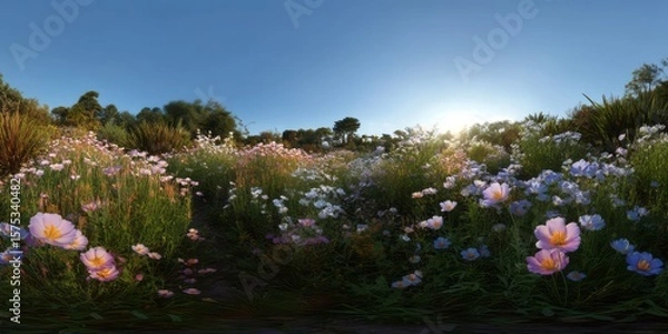 Fototapeta Panoramic 360 degrees hdr nature scene in vibrant flower field