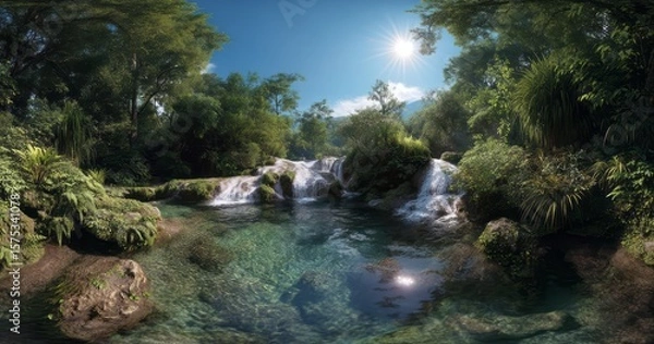 Fototapeta Panoramic hdr 360 degrees waterfall view nature landscape serenity