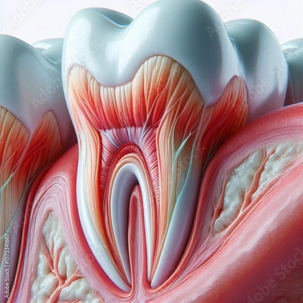 Fototapeta Close-up detail of a human tooth showing enamel, dentin, and root structure