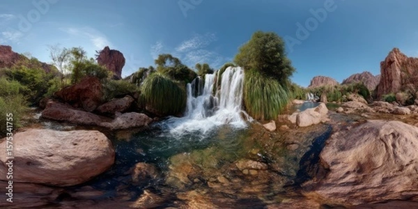 Fototapeta Panoramic 360 degrees waterfall hdr view in nature landscape