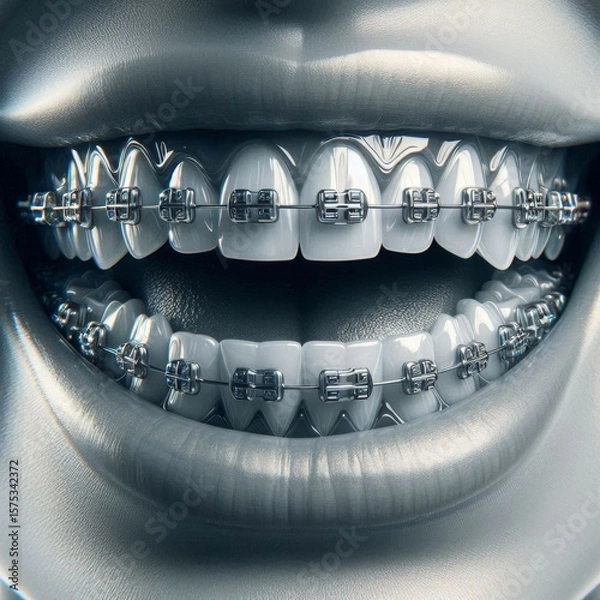 Fototapeta Closeup of teeth with metal braces and clear elastic bands