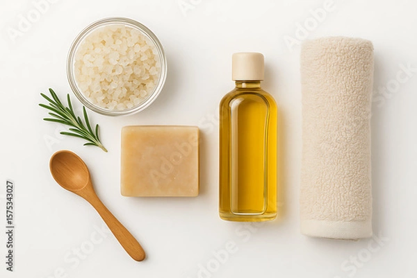 Fototapeta Spa wellness beauty bath set with soap oil salt towel and wooden spoon top view mockup for natural skincare product branding presentation or design display