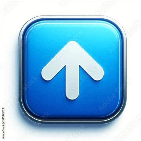 Fototapeta Glossy blue upload button with white upward arrow icon