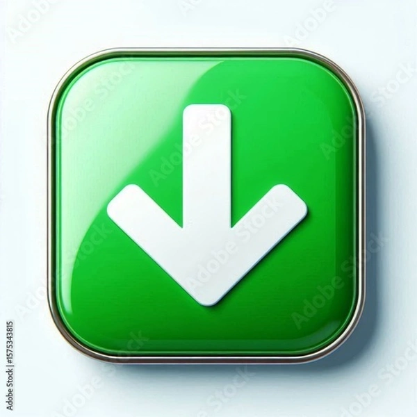 Fototapeta Glossy green download button with white arrow icon pointing downward