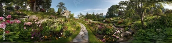 Fototapeta Panoramic 360 degrees garden pathway nature scene hdr landscape serene environment