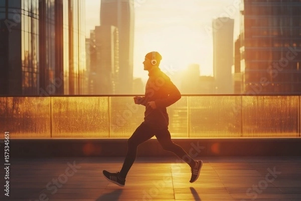 Fototapeta Urban Runner: A person enjoys a jog in the city, surrounded by skyscrapers and bathed in the golden light of sunrise.