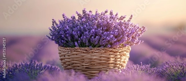 Fototapeta Lavender blossoms in a woven basket, set against a field of purple flowers, bathed in soft sunlight
