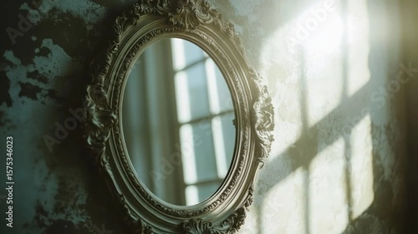 Fototapeta Ornate mirror reflecting window light on aged wall