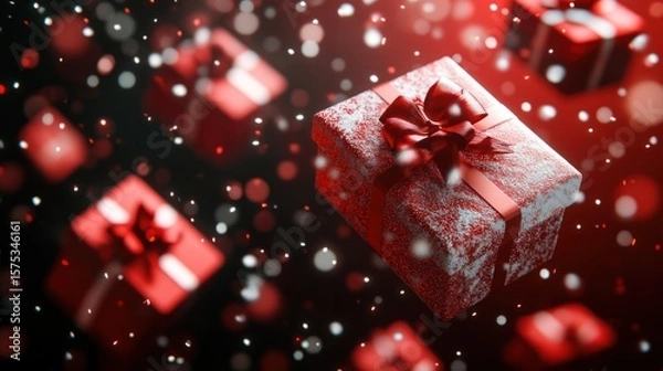 Fototapeta Red gifts with bows float in snowy, dark backdrop