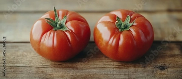 Fototapeta Two ripe, red tomatoes sit on a rustic wooden surface. Their smooth skins gleam, and their green caps are still attached.  The scene is simple, yet evocative of freshness and natural goodness