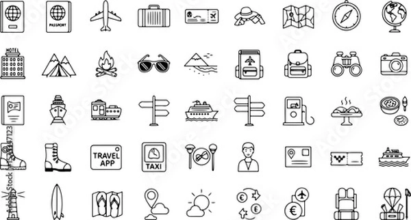 Obraz A comprehensive collection of hand drawn outline icons representing various travel and vacation elements for seamless journey planning and exploration adventures