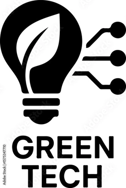 Obraz A stylized black icon representing green technology with a leaf inside a lightbulb connected to circuits and the words green tech below