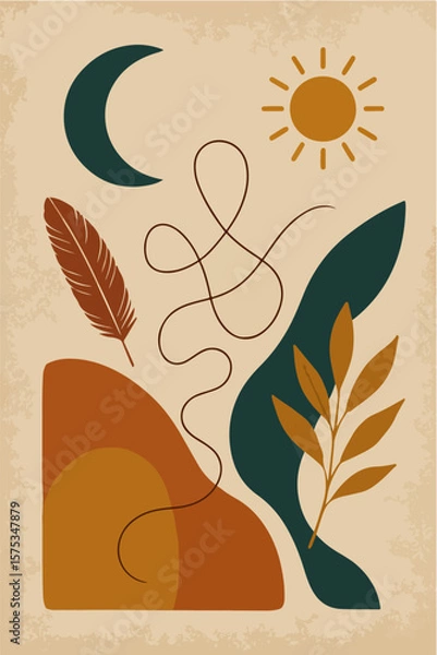 Obraz Abstract mid century modern composition featuring celestial elements sun moon feather and organic shapes in earth tones on textured background