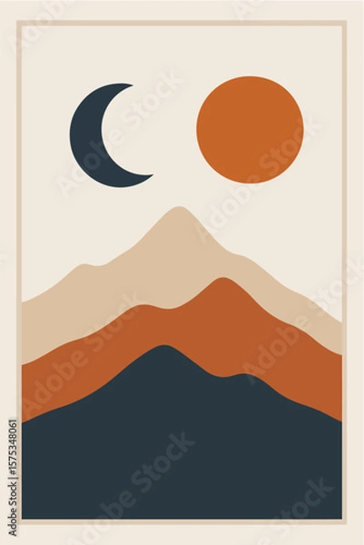 Obraz Abstract minimalist landscape featuring a crescent moon and sun over layered wavy mountains in warm earth tones and deep navy blue