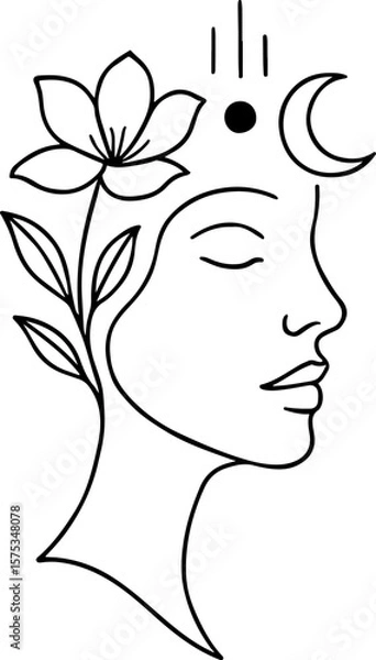 Obraz Elegant minimalist line art of a woman s profile adorned with a blooming flower crescent moon and celestial dot symbolizing inner peace and spiritual connection