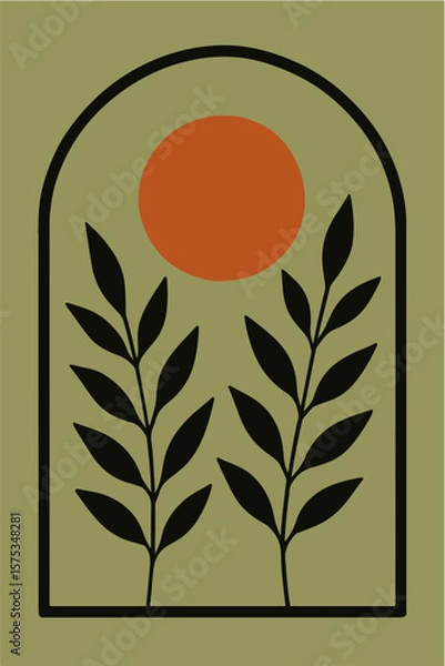 Obraz Minimalist abstract art featuring a warm terracotta sun behind two stylized black branches with leaves within an arched frame on a muted olive green background