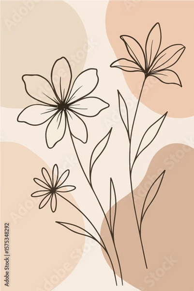 Obraz Minimalist line art drawing of three delicate flowers with thin stems and petals against a soft pastel abstract background with organic shapes