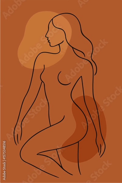 Obraz Elegant minimalist line art of a nude woman in profile with flowing hair and abstract shapes in warm earthy tones