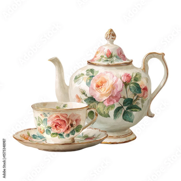 Fototapeta Elegant Floral teapot and cups Set with Roses isolated on transparent white background, clipping path