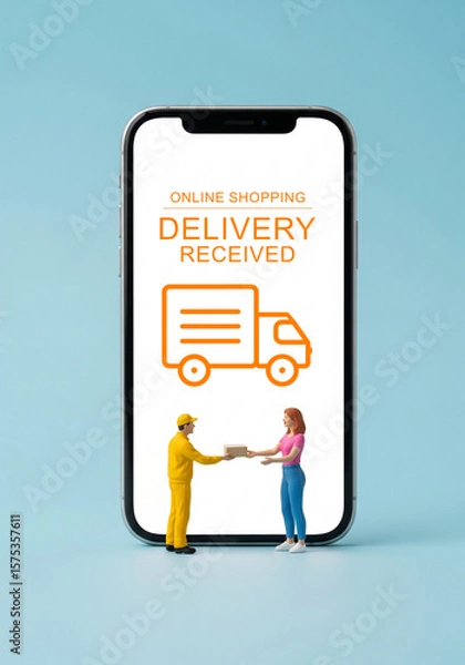 Obraz The customer is holding a parcel box that he just received. Miniature People