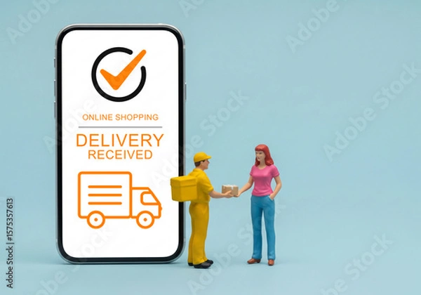 Obraz The customer is holding a parcel box that he just received. Miniature People