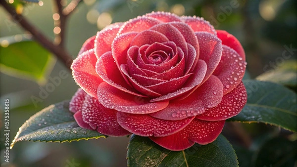 Fototapeta Close up of a red camellia flower covered in dew drops in soft morning light water droplets