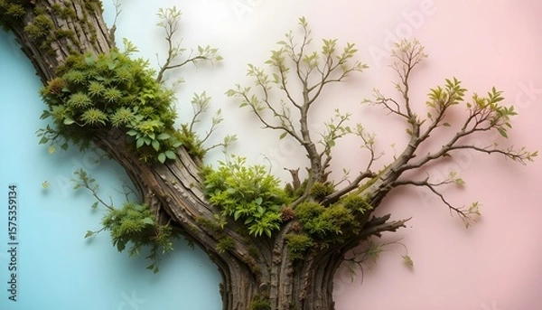 Fototapeta Tree Bark and Moss Composition on Soft Pastel Nature-Inspired Background