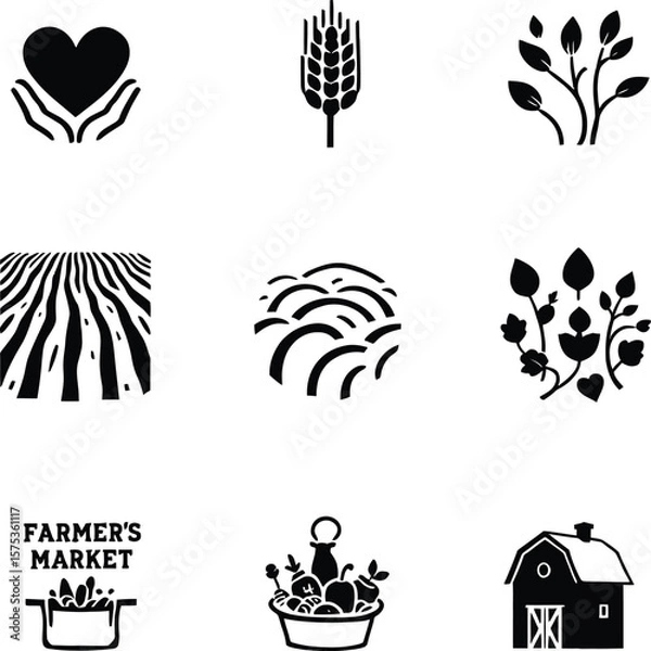 Fototapeta Whimsical Farmer’s Market & Agricultural Icon Poster Featuring 9 Black Silhouettes Arranged in a 3×3 Grid Includes Heart in Hands (Symbolizing Care), Wheat Stalk, Leafy Plant, Crop Rows, Curved Field 