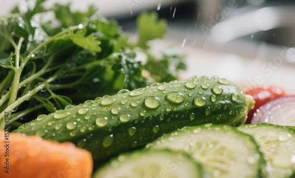 Fototapeta Detailed Macro Photo of Washed Vegetables and Herbs with Dewy Water Droplets on Kitchen Surface, Emphasizing Fresh Produce
