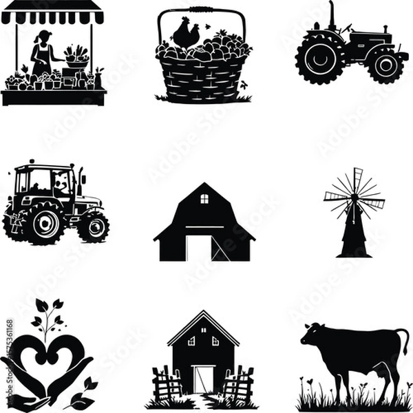 Fototapeta Whimsical Farm Life Silhouette Poster Featuring 9 Thematic Icons Arranged in a 3×3 Grid Includes Market Vendor with Vegetables, Apple Basket with Chicken, Two Distinct Tractor Designs, Barns 