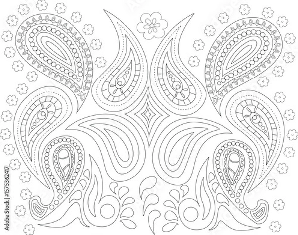 Obraz Intricate Black and White Paisley Floral Pattern Outline Vector Illustration. Elegant Traditional Indian Motif Design for Textiles, Wallpapers, Coloring Books, or Decorative Backgrounds.