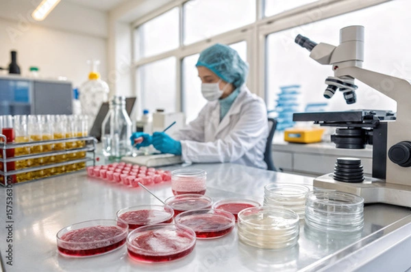 Fototapeta a laboratory setting is depicted with a scientist working in the background. The foreground features various laboratory equipment, such as petri dishes with culture media, a microscope, and test tubes