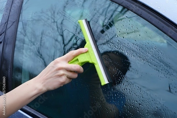 Fototapeta Squeegeeing a Wet Car Window for Visibility and Maintenance