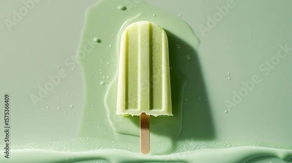 Fototapeta Delicious pistachio popsicle with creamy green color and subtle texture, presented on white for frozen treat ads.