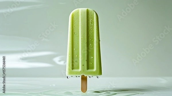 Fototapeta Delicious pistachio popsicle with creamy green color and subtle texture, presented on white for frozen treat ads.