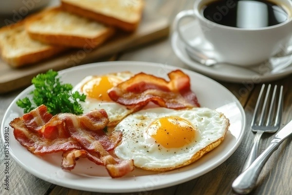 Fototapeta Homemade American breakfast. Fried eggs with bacon and toast, a cup of coffee, a knife and fork on a wooden table. Healthy breakfast. The concept of healthy eating