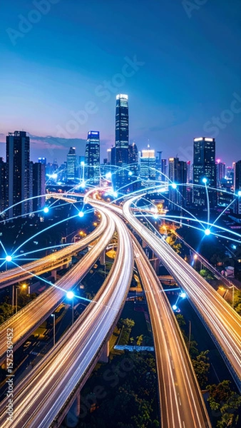 Fototapeta Smart City Highway Network at Night.