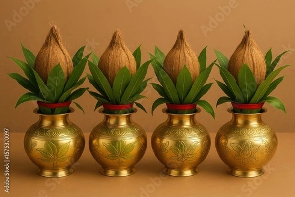 Fototapeta Four traditional Kalash pots with coconuts and mango leaves arranged in a row on brown background. Concept of Hindu rituals, Indian tradition, and religious offerings