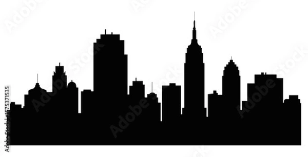 Fototapeta Silhouette of a cityscape with various tall buildings and skyscrapers against a white background