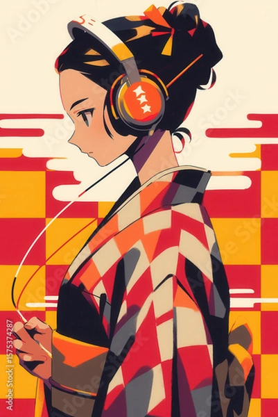 Obraz ヘッドホンで音楽を聴く着物を着た女性のイラスト