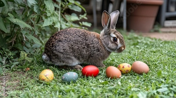 Obraz Adorable Easter Bunny with Colorful Eggs in Grass