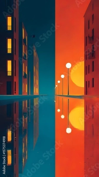 Fototapeta Red sky over a towering urban skyline at night, with light shining from windows and architectural details