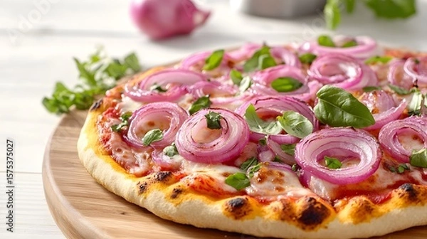 Fototapeta Delicious Red Onion and Basil Pizza on Wooden Board