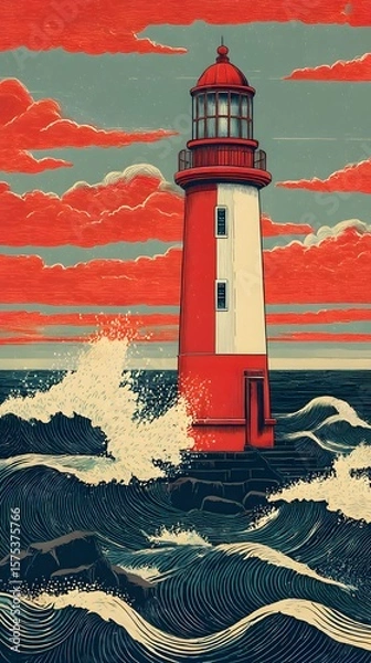 Fototapeta White lighthouse stands as a solitary beacon on the rugged coast, its light guiding ships across the vast ocean under a dramatic sky