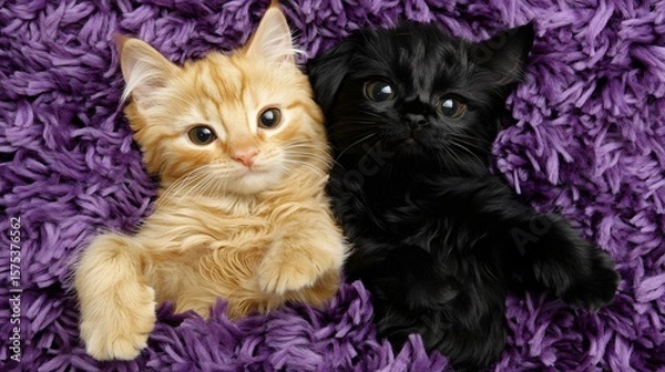 Obraz Adorable Ginger and Black Kittens Cuddling on Purple Furry Blanket