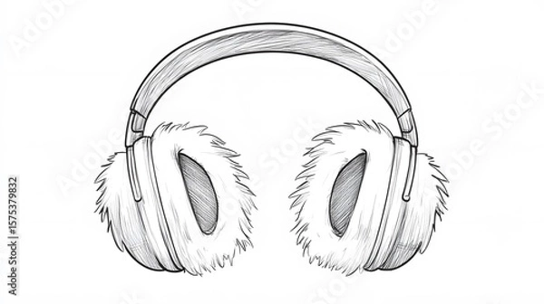 Obraz Sketch of Fluffy Winter Headphones: Music and Warmth