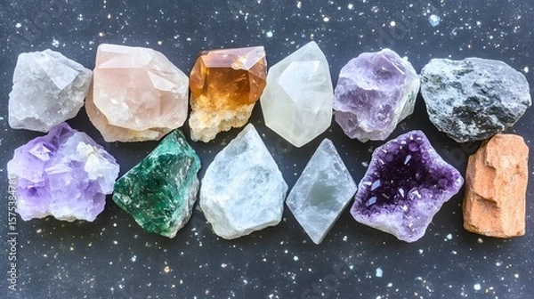 Obraz Vibrant Gemstone Collection: Amethyst, Rose Quartz, and More