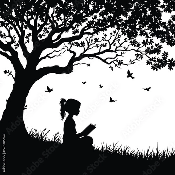 Fototapeta Person Reading Under Tree Silhouette Featuring Black and White Illustration of Individual Seated on Grass with Open Book Beneath Large Leafy Canopy and Birds Flying in Background for Nature, Education