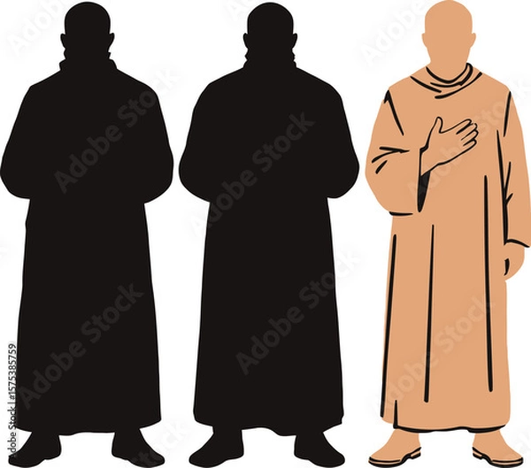 Fototapeta Three Robed Figure Silhouettes Featuring Two Black Icons and One Tan-Colored Variant with Hand on Chest Depicting Cultural or Spiritual Gesture for Tradition, Identity, and Minimalist-Themed Design